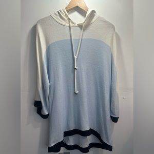 St. John Lightweight Cashmere Silk Blend Hooded Sweater Blue White Sz L